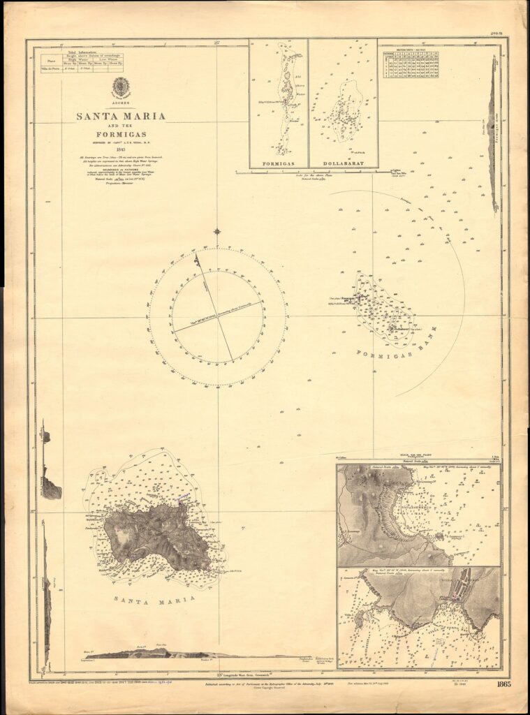 Alte Seekarte auf vergilbtem Papier, unten links Santa Maria, rechts der Mitte die Bank von Formigas und Dollabarat voller Lotungen, eine Windrose in der Mitte und Nebenkarten der Felsinseln und Buchten der Insel