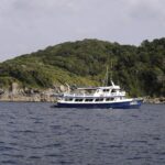 Ein blau-weißes Safariboot ankert vor einer Similan-Insel, deren graue Granitblöcke unter dem Wald bis ans Wasser reichen
