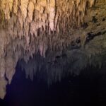 Eine Decke aus beigen Stalaktiten, mit der Lampe beleuchtet, die sich in einer schwarzen Wasseroberfläche spiegelt, in der Cenote The Pit