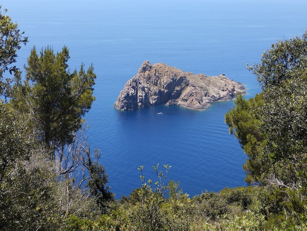 Blick von den Höhen von Port-Cros zwischen Kiefern und Sträuchern hinunter auf die steile Felsinsel Gabinière im tiefblauen Meer, ein kleines weißes Boot ankert an ihrem Fuß.