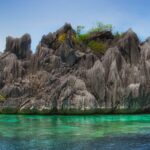 Eine graue Kalksteininsel voller Spitzen, mit etwas Vegetation obenauf, ragt über klarem, türkisfarbenem Wasser auf, in dem die Korallen zu erahnen sind, unter blauem Himmel.