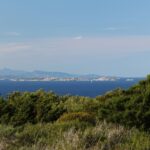 Blick von der Macchia der Küste auf eine lange, flache Insel aus hellen Granitblöcken im dunkelblauen Meer, ein Segelboot an ihrem Fuß und bläuliche Berge am Horizont.