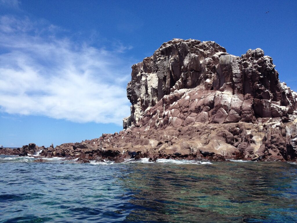Die rötlichen Felsen von Los Islotes unter blauem Himmel, mit Seelöwen, die knapp über dem Wasser liegen, und einer zerklüfteten Klippe darüber