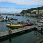 Schlauchboote, ein gelbes mit Sitzreihen und ein rotes, am Steg der Marina von Vila do Porto festgemacht, dahinter Segel- und Fischerboote unter einer grünen Klippe und bewölktem Himmel