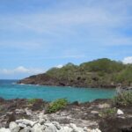 Eine türkise Bucht, geschützt von einer dunklen, buschbewachsenen Felsspitze, von den Felsen der Insel aus gesehen, unter blauem Himmel