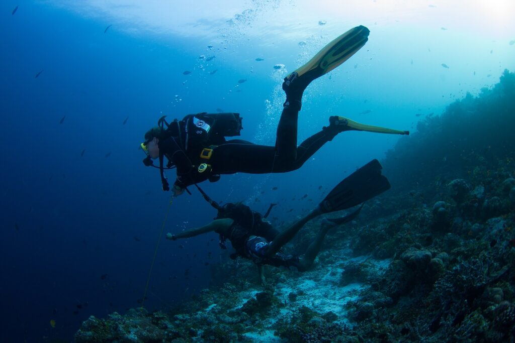 Zwei Taucher über einem Riffhang, einer an der Leine eines Riffhakens, der andere in Shorts, in blauem Wasser voller kleiner Fische