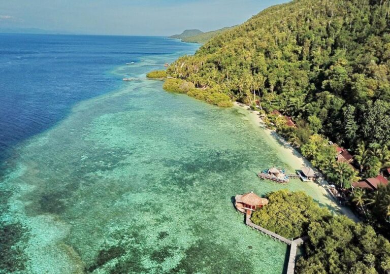 Die bewaldete Küste aus der Luft, mit den Dächern der Lodge am Strand und türkisfarbenem Wasser