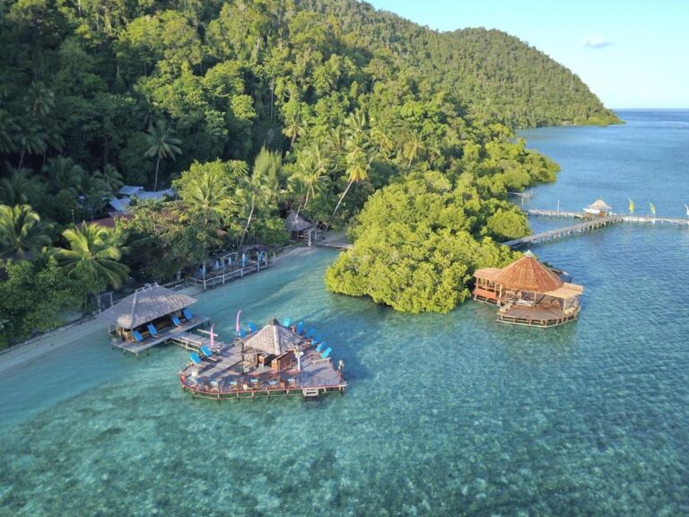 Die Stege der Raja Ampat Dive Lodge am Fuß eines bewaldeten Hügels