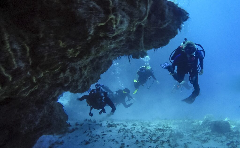 Vier Taucher kommen aus einem Korallentunnel über Sandgrund, auf Cozumel, die Felsdecke über ihnen