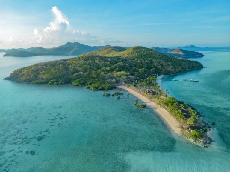 Luftaufnahme einer bewaldeten Insel, die in eine palmengesäumte Sandzunge ausläuft