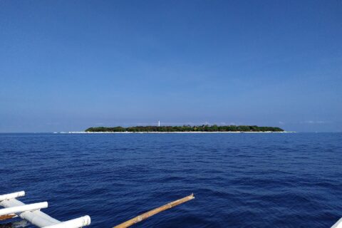 Die flache, bewaldete Insel Balicasag am Horizont, mit ihrem weißen Leuchtturm und hellem Sandsaum, gesehen von einer Bangka, deren weiße Ausleger den Vordergrund einnehmen, unter wolkenlos blauem Himmel.